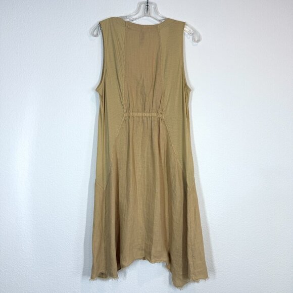 Linen Dress Gold Neutral Tan Lagenlook Pockets Button Front Beachy Small - Picture 4 of 14